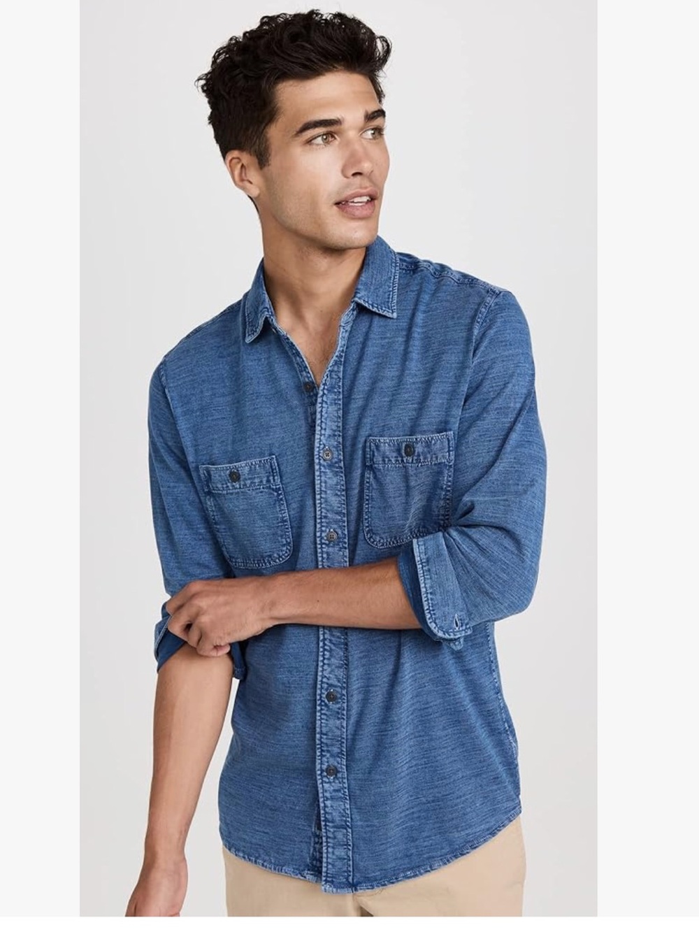 Faherty Men's Indigo Knit Seasons Button-Down Shirt Organic Workwear